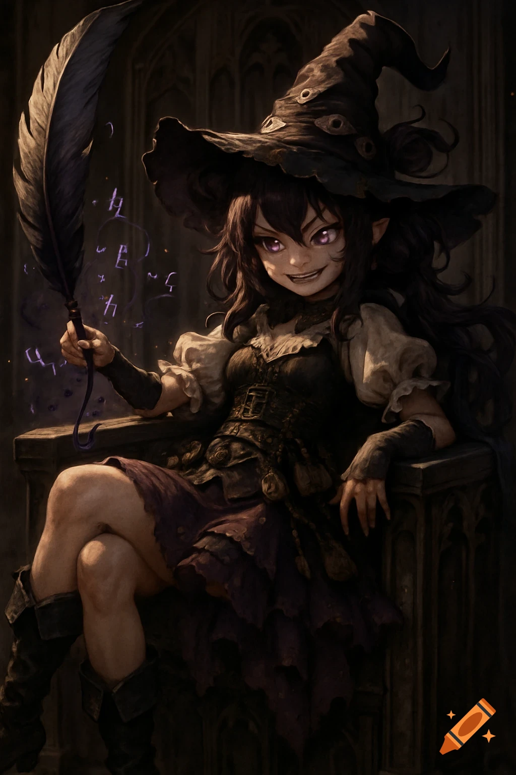 An anime-style witch with a wicked grin and purple eyes holds a giant quill, lounging on a gothic throne with faint purple arcane letters floating around her.