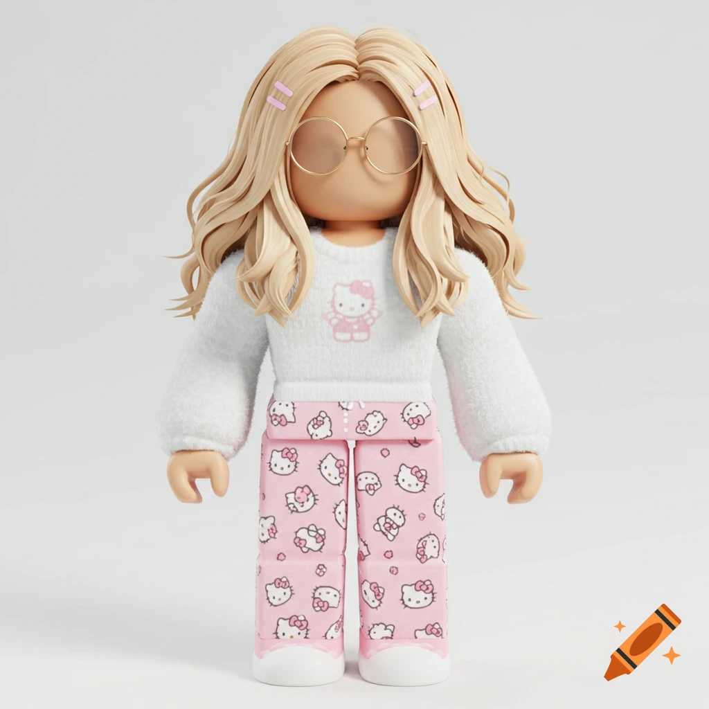 A blonde 3D cartoon avatar with glasses, wearing a white fuzzy sweater and pink Hello Kitty pajama pants, against a white background.
