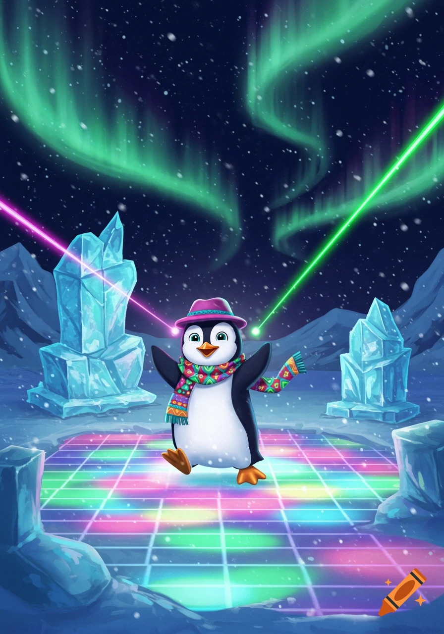 A cheerful cartoon penguin in a hat and scarf dances on a vibrant disco floor in an arctic setting under the aurora borealis.
