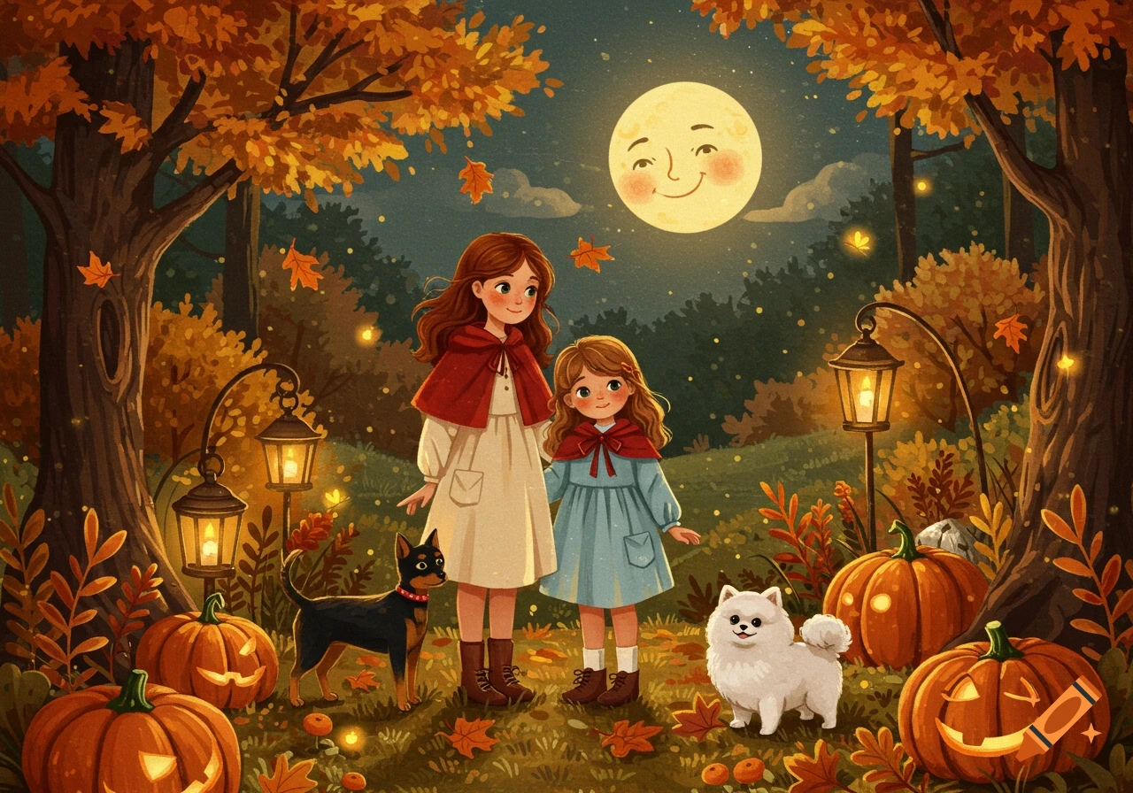 Fairy tale illustration of two girls and two dogs in an autumn forest at night, with pumpkins and a smiling moon.