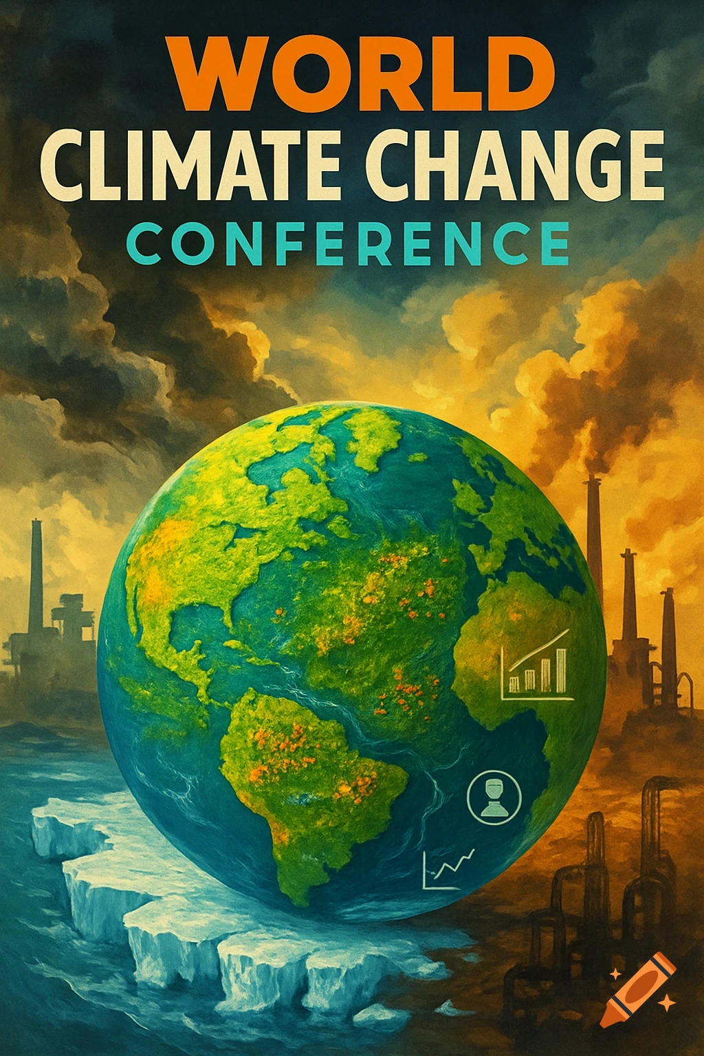 Stylized illustration of Earth with melting ice, industrial smokestacks, and the text 'WORLD CLIMATE CHANGE CONFERENCE'.