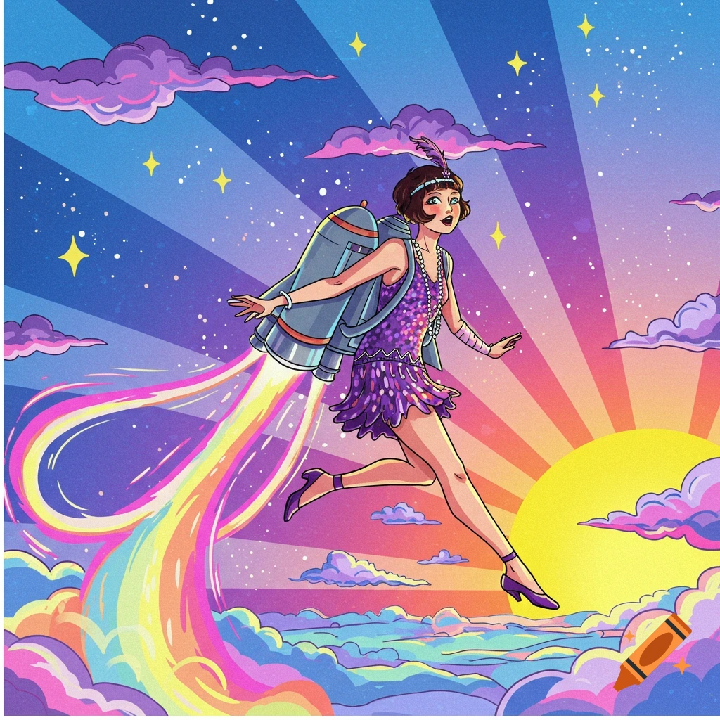 A vibrant, psychedelic illustration of a 1920s flapper flying through a starry sky with a jetpack and rainbow trail.
