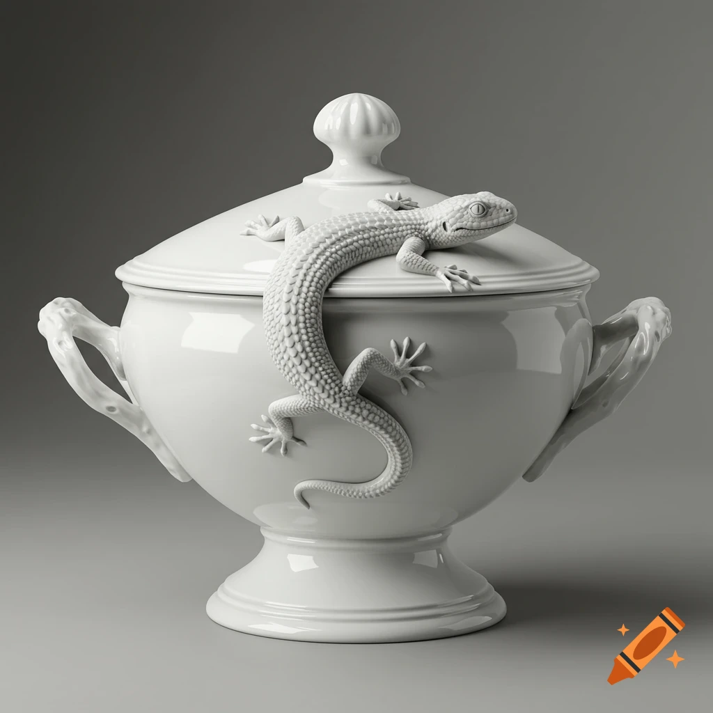 Hyper-realistic white porcelain tureen with a detailed lizard sculpture crawling on its lid and twisted branch-like handles.
