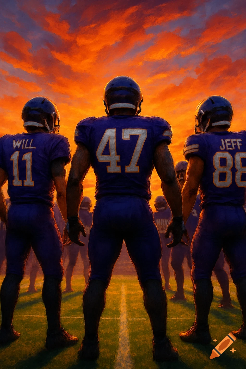 Painterly image of football players in purple jerseys, seen from behind, on a field at sunset.
