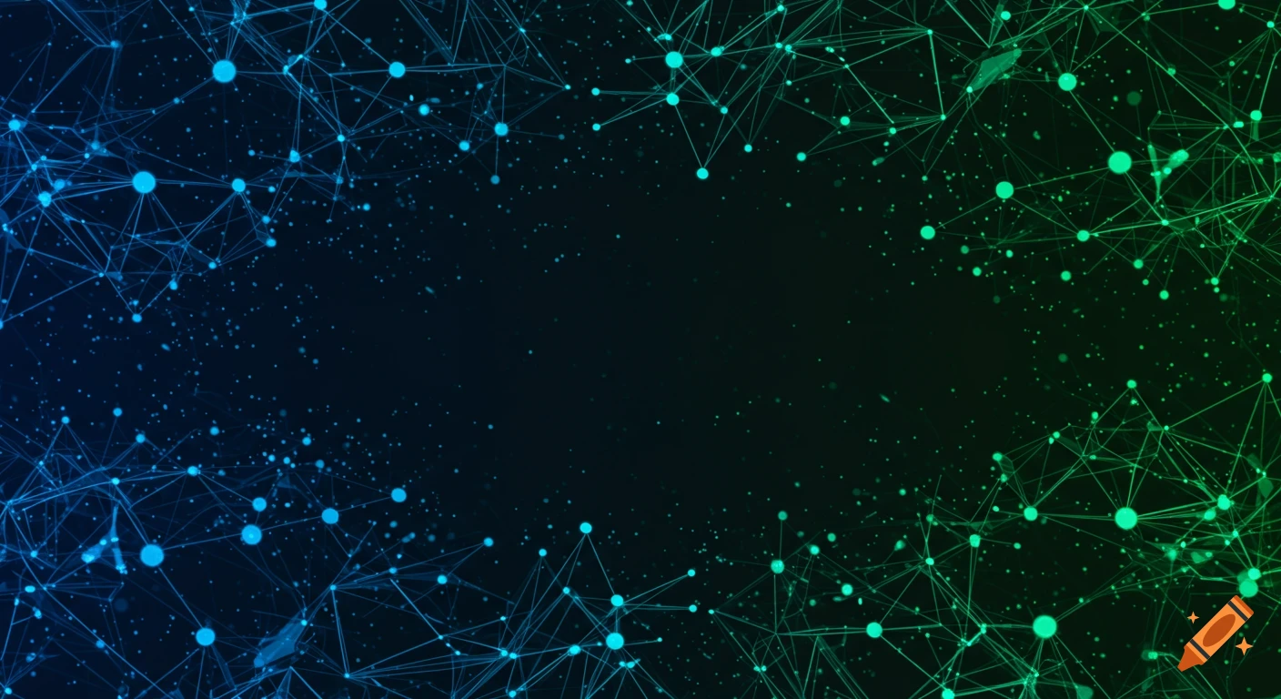 Abstract network background with blue and green interconnected nodes and lines on a dark gradient.