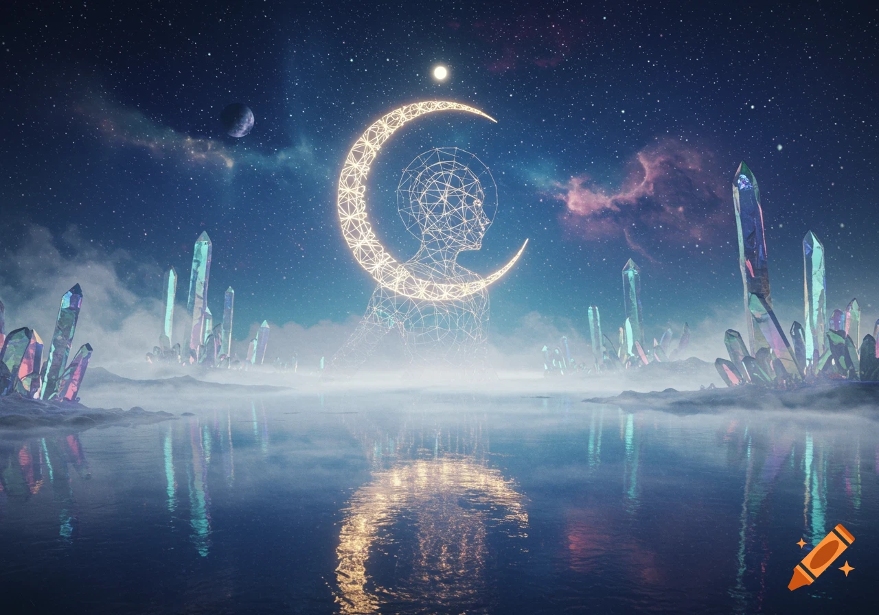 A mystical landscape with a glowing wireframe figure, crescent moon, and colorful crystals reflected in water under a starry night sky.