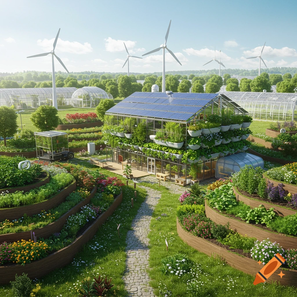A vibrant solarpunk farm with a building covered in vertical gardens and solar panels, surrounded by terraced planting beds and wind turbines under a clear sky.