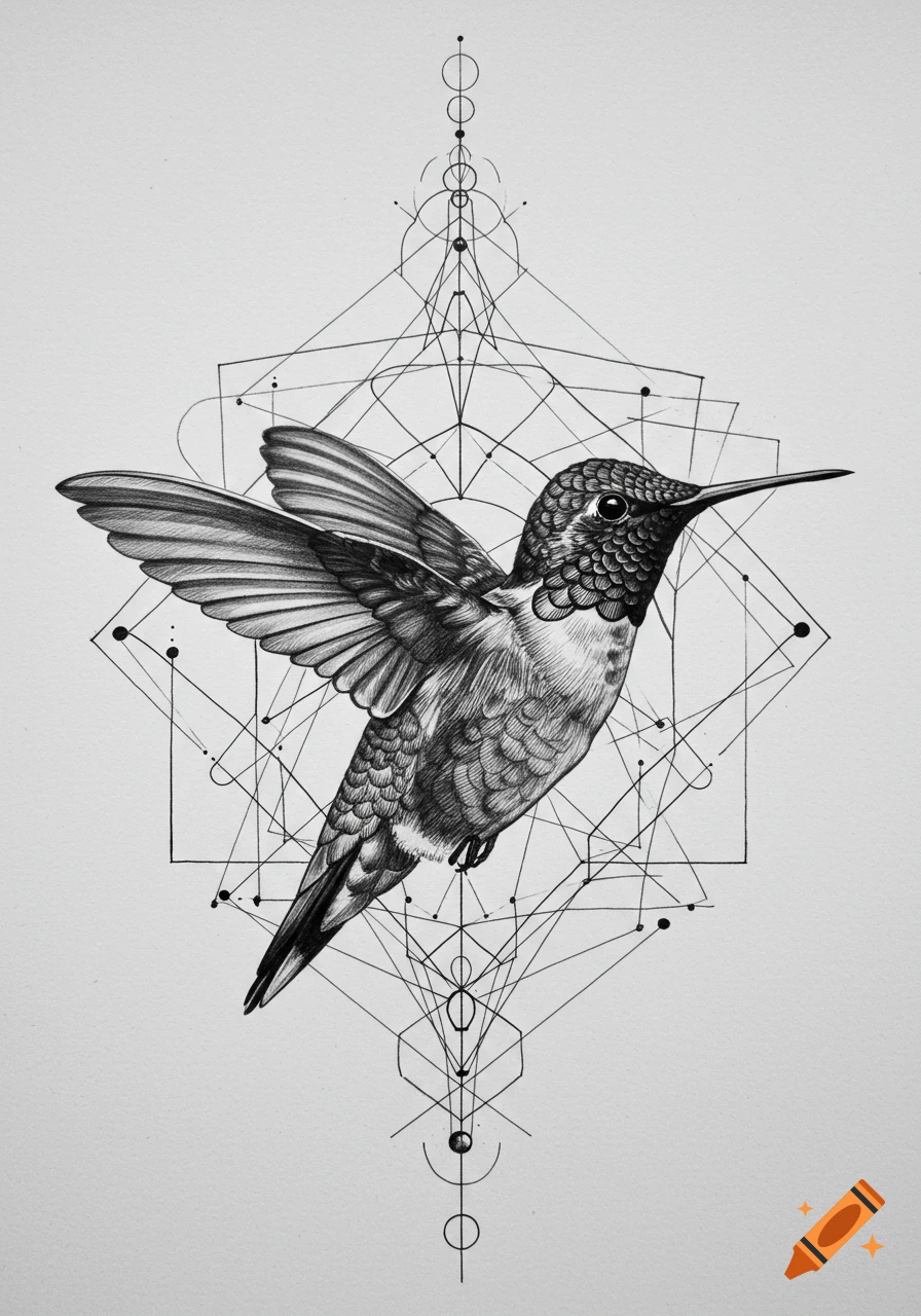 A detailed monochrome illustration of a hummingbird in flight, set against an intricate pattern of geometric lines and shapes.