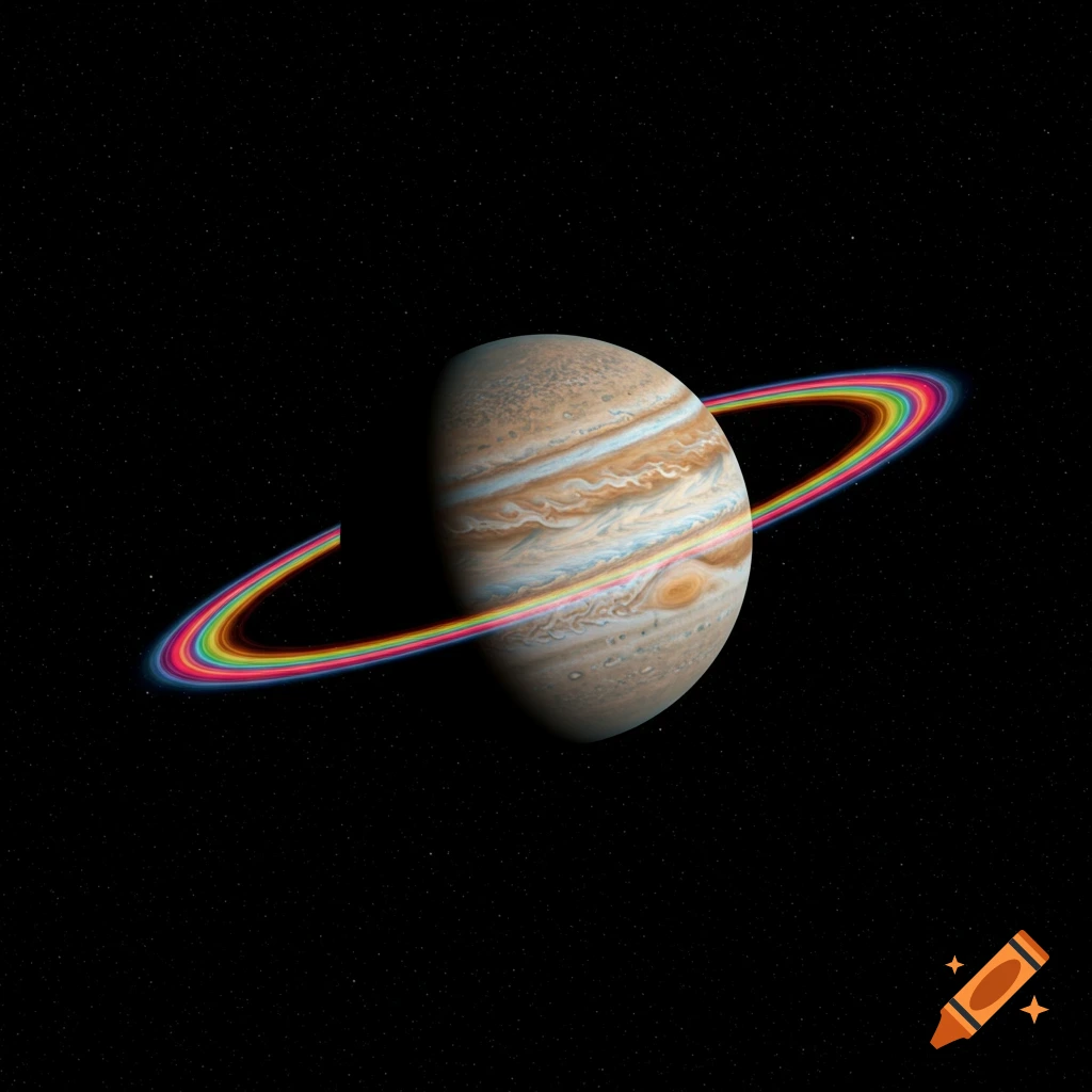 The planet Jupiter with a vibrant rainbow ring around its equator, set against a dark, star-filled space background.