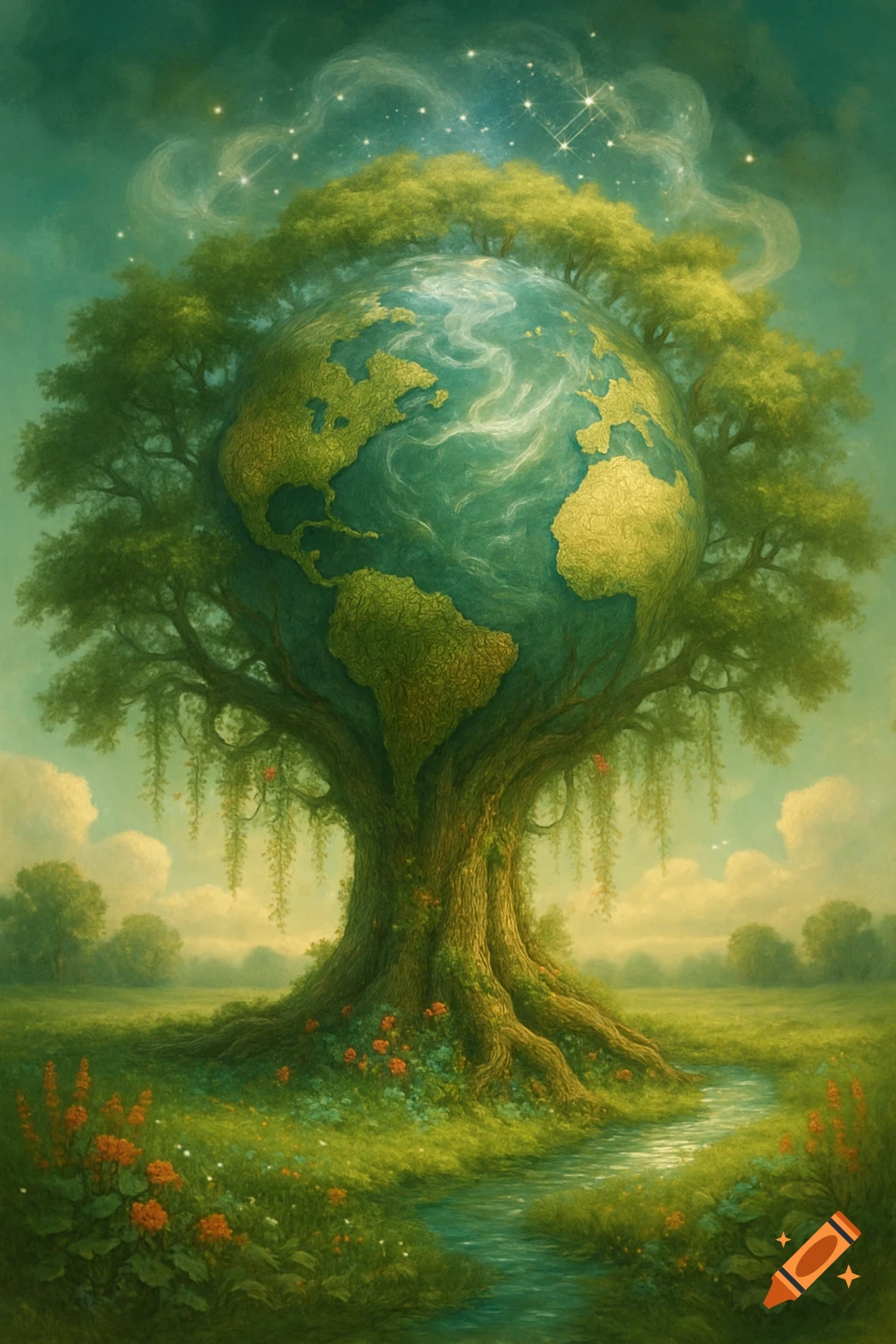 A fantasy art painting of a giant tree with the Earth as its crown, rooted in a lush green landscape with a winding stream.