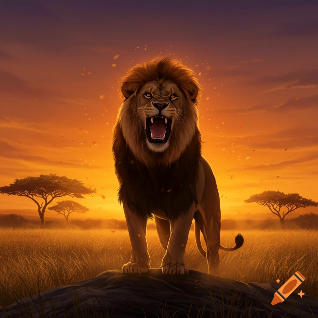 A majestic lion roaring from atop a rock in a savanna at sunset, with an orange and purple sky.