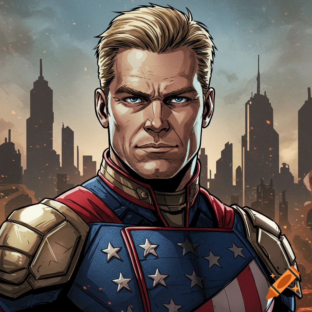 A comic book style portrait of Homelander with a stern expression, wearing his superhero suit against a city skyline.