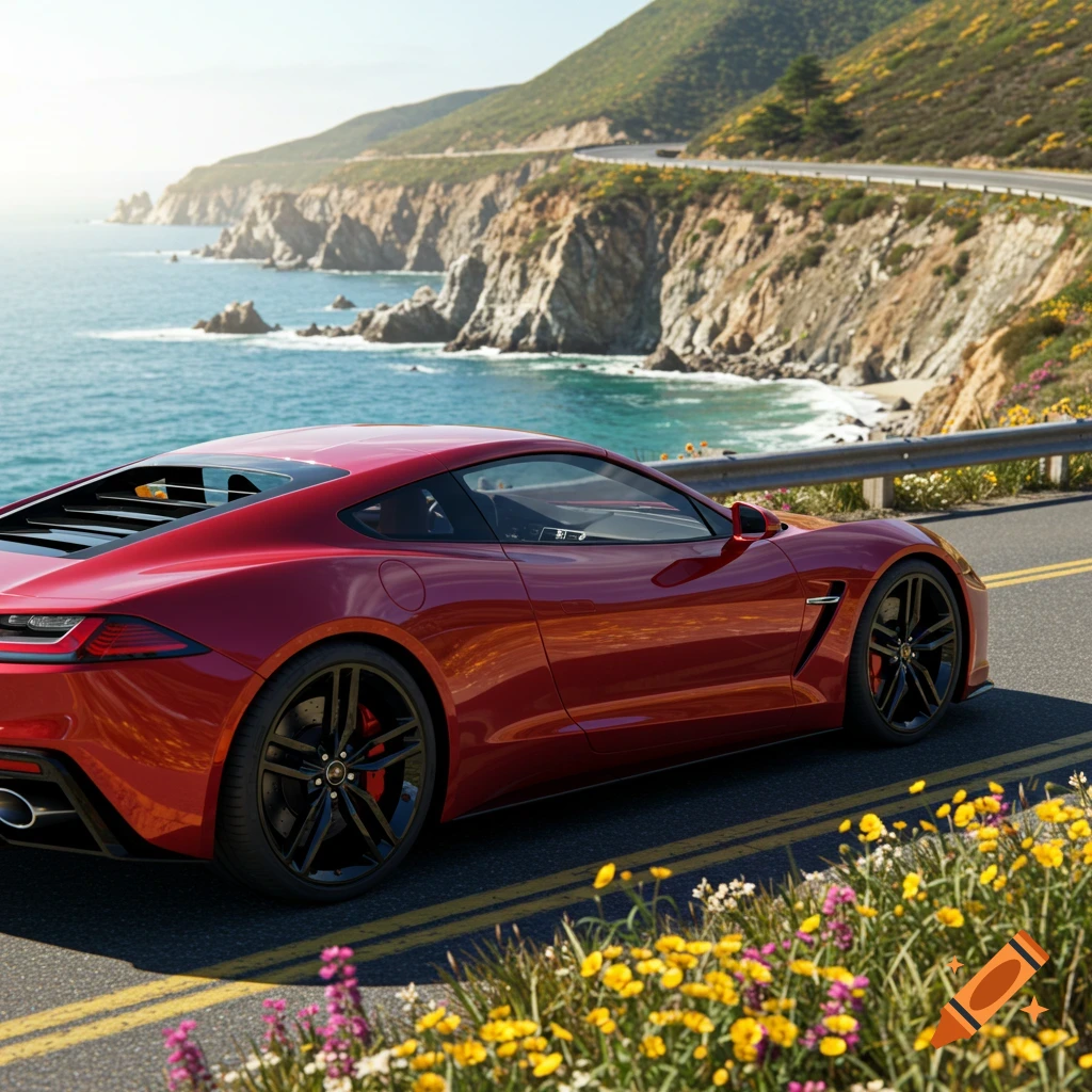 A sleek red sports car drives on a scenic coastal highway overlooking blue ocean and cliffs with yellow wildflowers.