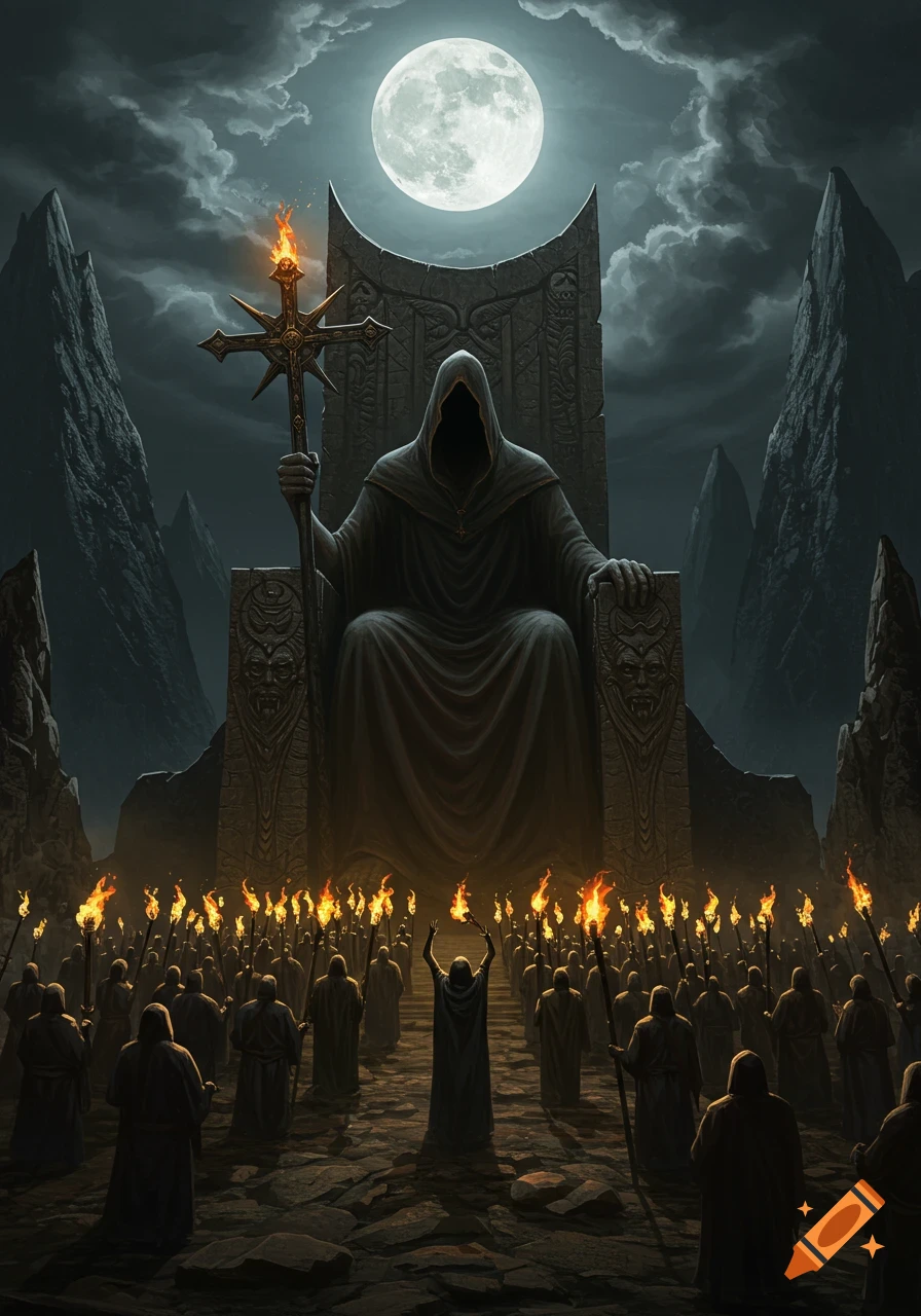A giant hooded figure sits on a stone throne, holding an inverted cross, facing a torch-lit crowd under a full moon in a rocky, dramatic landscape.