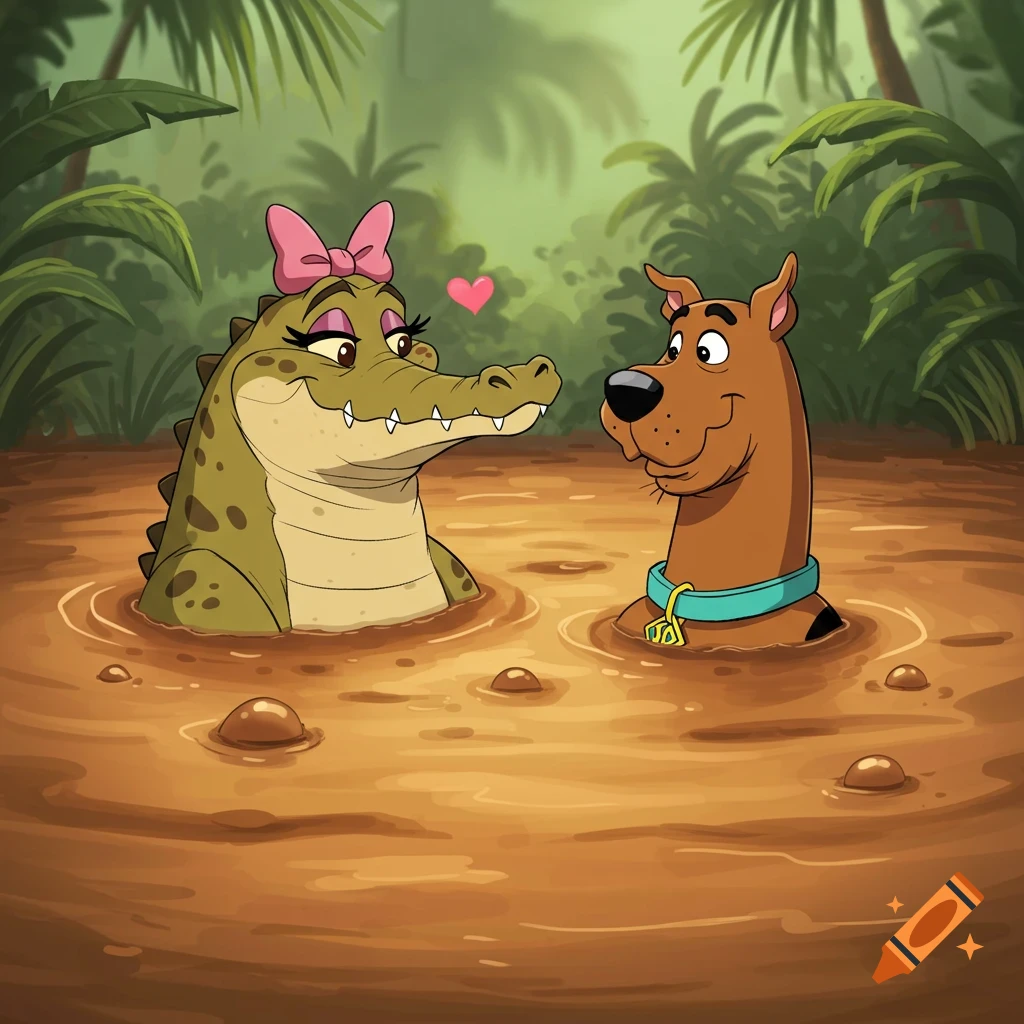 A cartoon female crocodile with a pink bow and Scooby-Doo relax neck-deep in mud in a jungle.