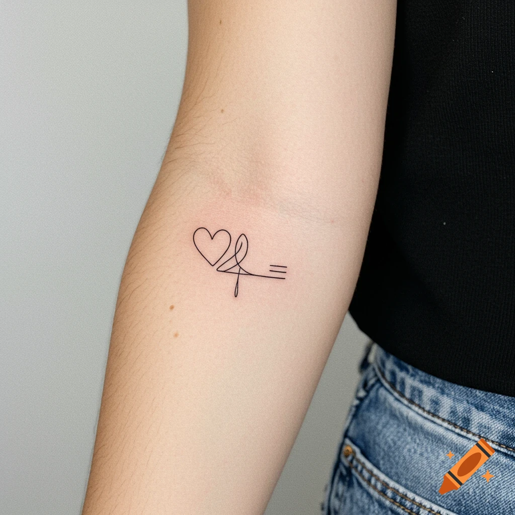 A minimalist fine line tattoo on an arm, featuring a heart, a stylized symbol, and three horizontal lines representing equality.