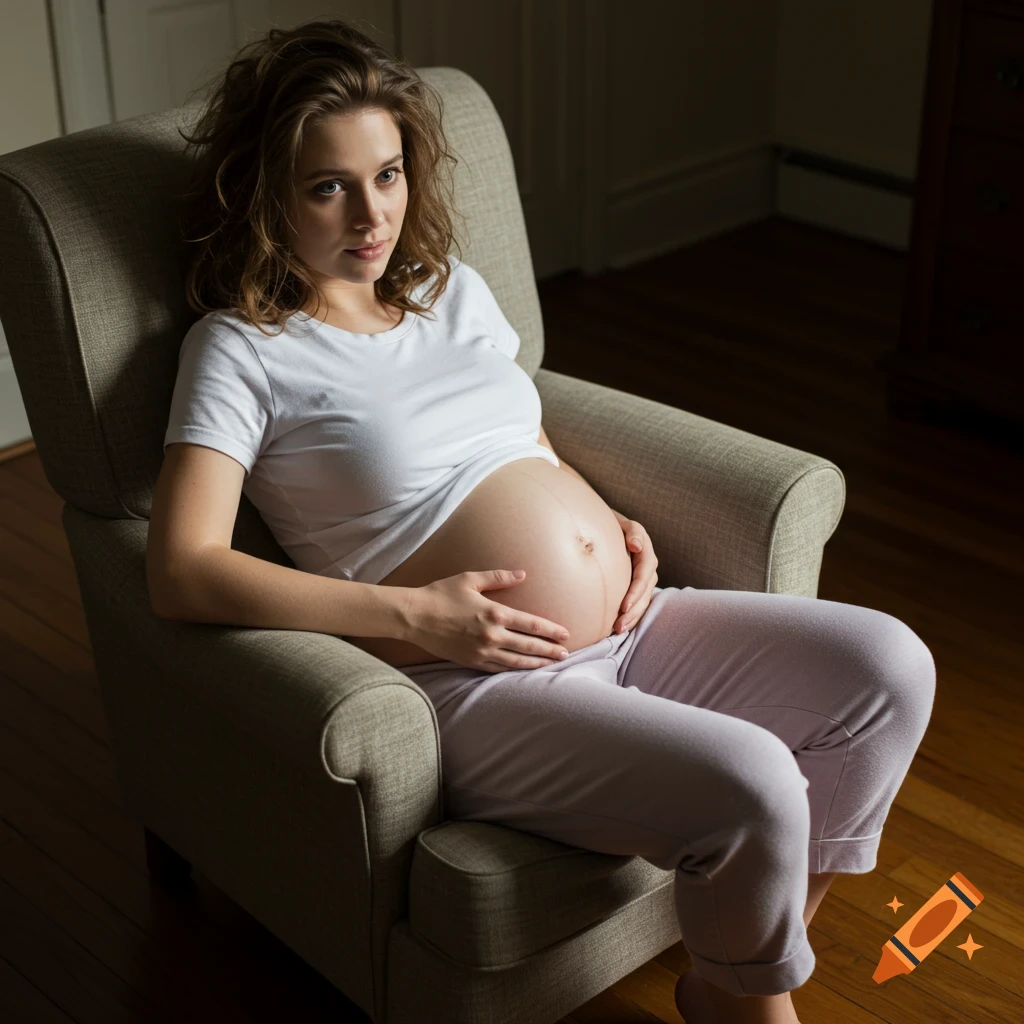 Photorealistic image of a pregnant woman with messy brown hair, in a t-shirt and pajamas, sitting in an armchair, cradling her bare belly.