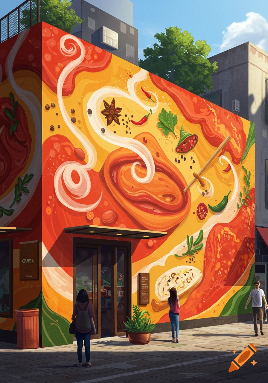 A vibrant mural of swirling orange and red food ingredients covers the wall of a restaurant in a city, with people walking by on the sidewalk.