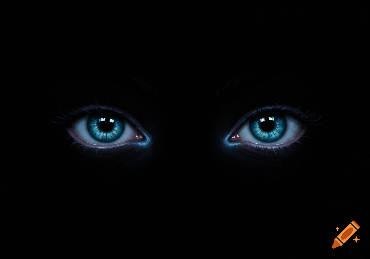 A close-up of bright blue eyes glowing out of a dark background.