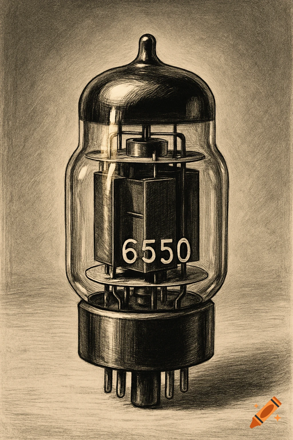 Highly detailed black and white pen and ink technical drawing of a 6550 vacuum tube with a vintage aesthetic.