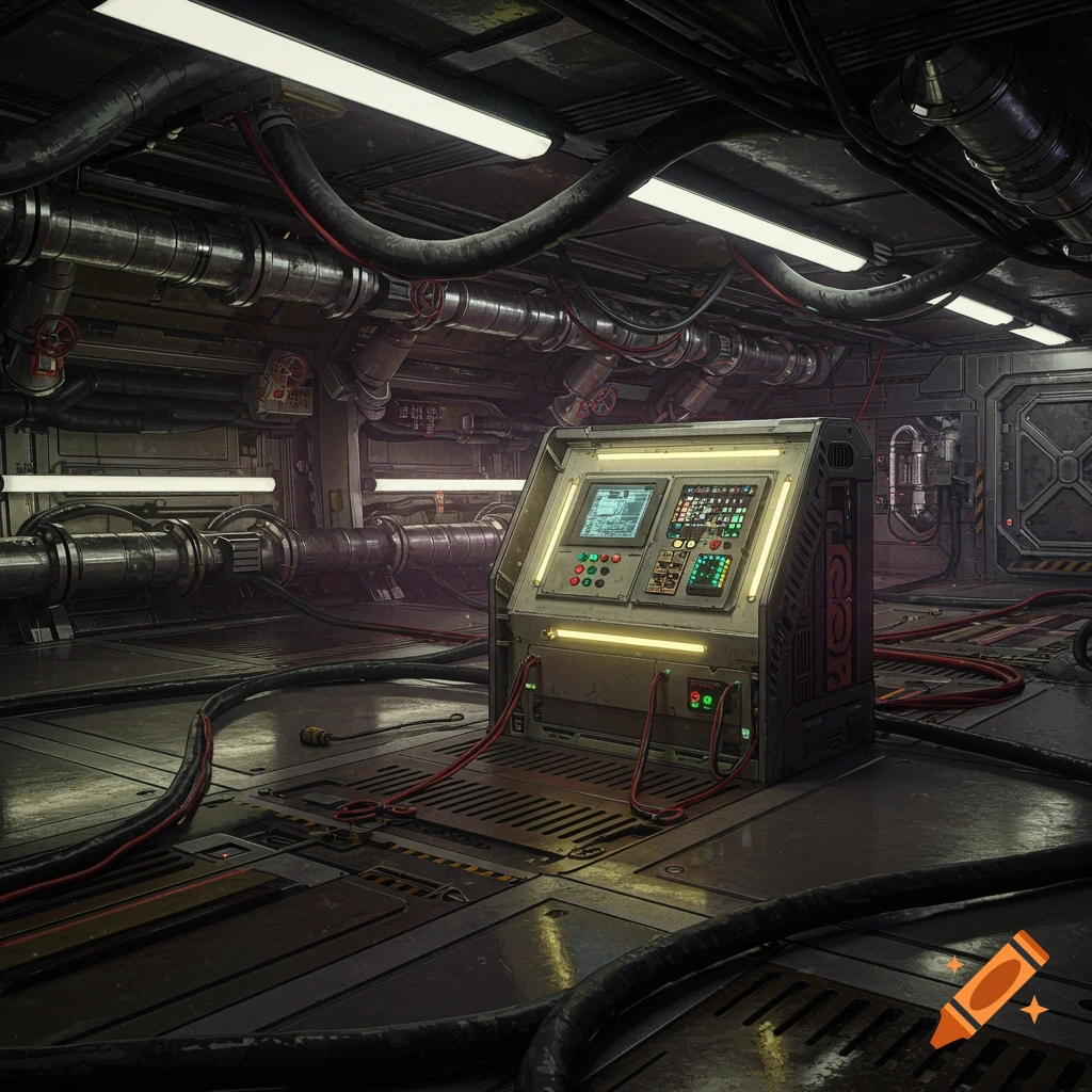 Detailed sci-fi control room with a central console, complex pipes, wires, and fluorescent lights.