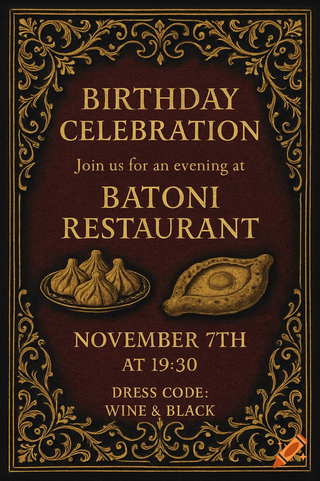 Ornate vintage-style birthday invitation card with Georgian food illustrations.