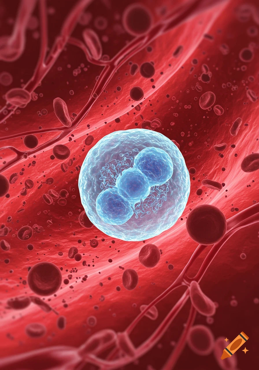 A detailed microscopic illustration of a human white blood cell with a multi-lobed nucleus surrounded by red blood cells in a blood vessel.
