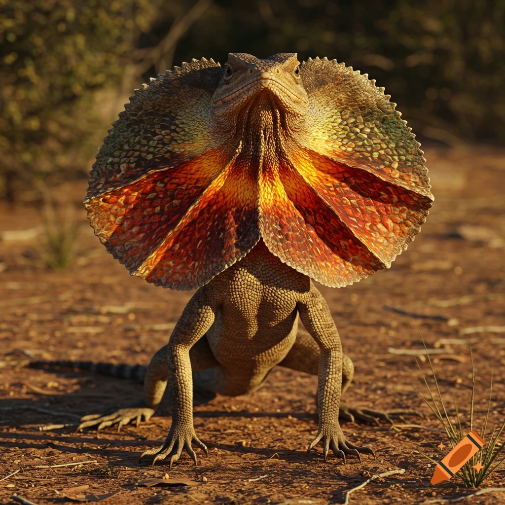 A hyperrealistic frilled neck lizard with its brightly colored frill fully fanned out, standing on a sandy ground in a sunlit natural environment.