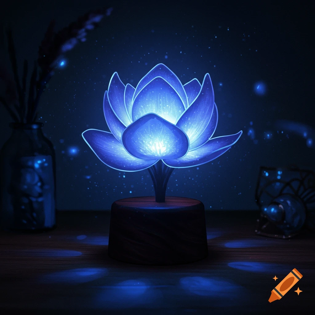 A glowing blue lotus flower lamp with a dark wooden base sits on a table in a dark room, surrounded by sparkling particles.