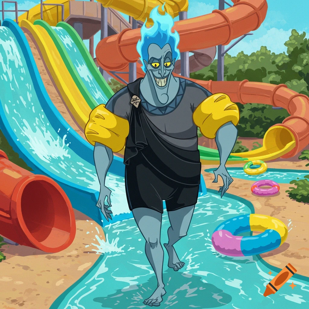 Hades from Disney's Hercules, wearing a black tunic and yellow armbands, walks through shallow water at a colorful waterpark.