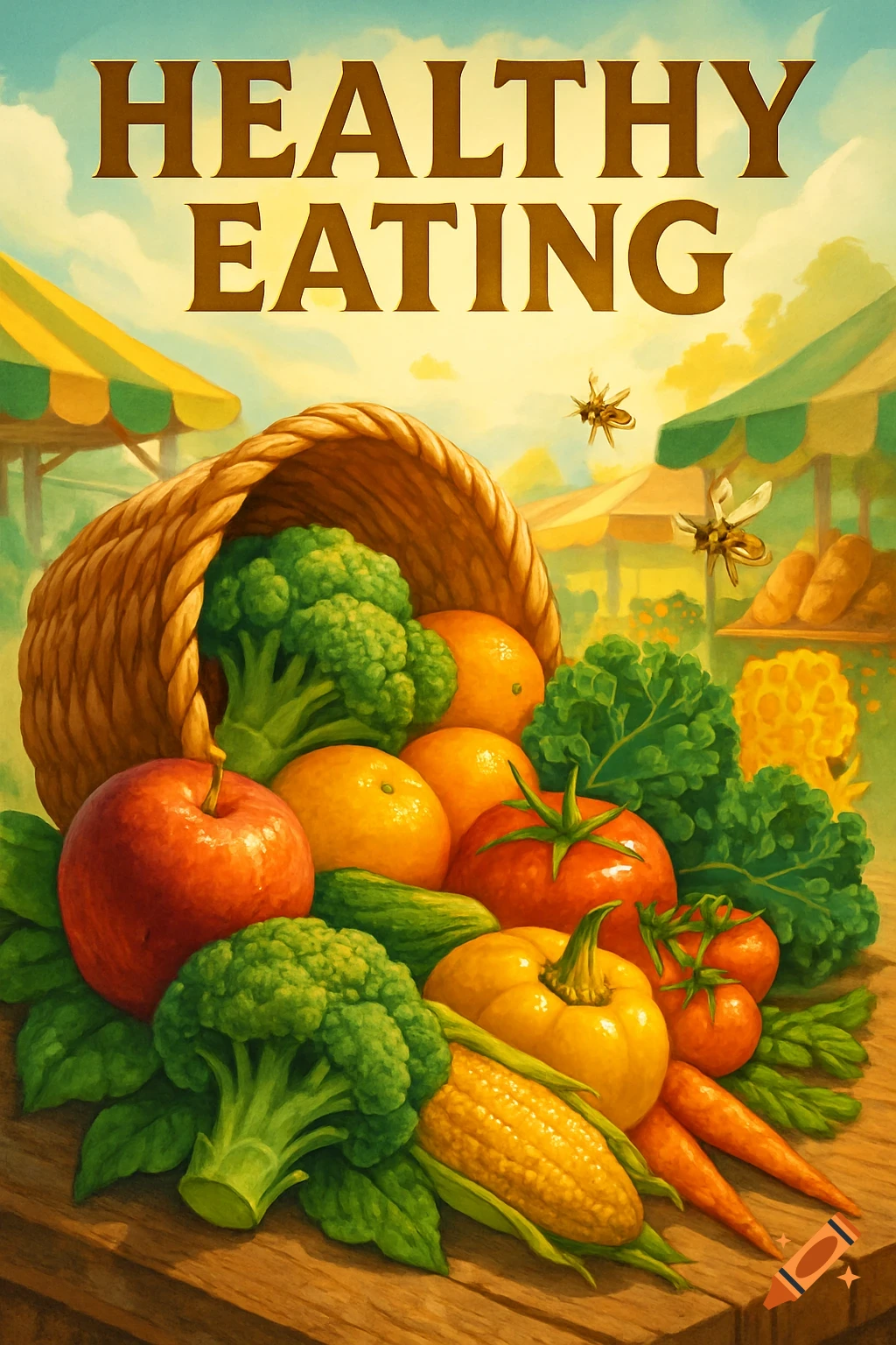 A vibrant, stylized poster showing a wicker basket overflowing with fresh fruits and vegetables on a wooden table at an outdoor market, with the text HEALTHY EATING.