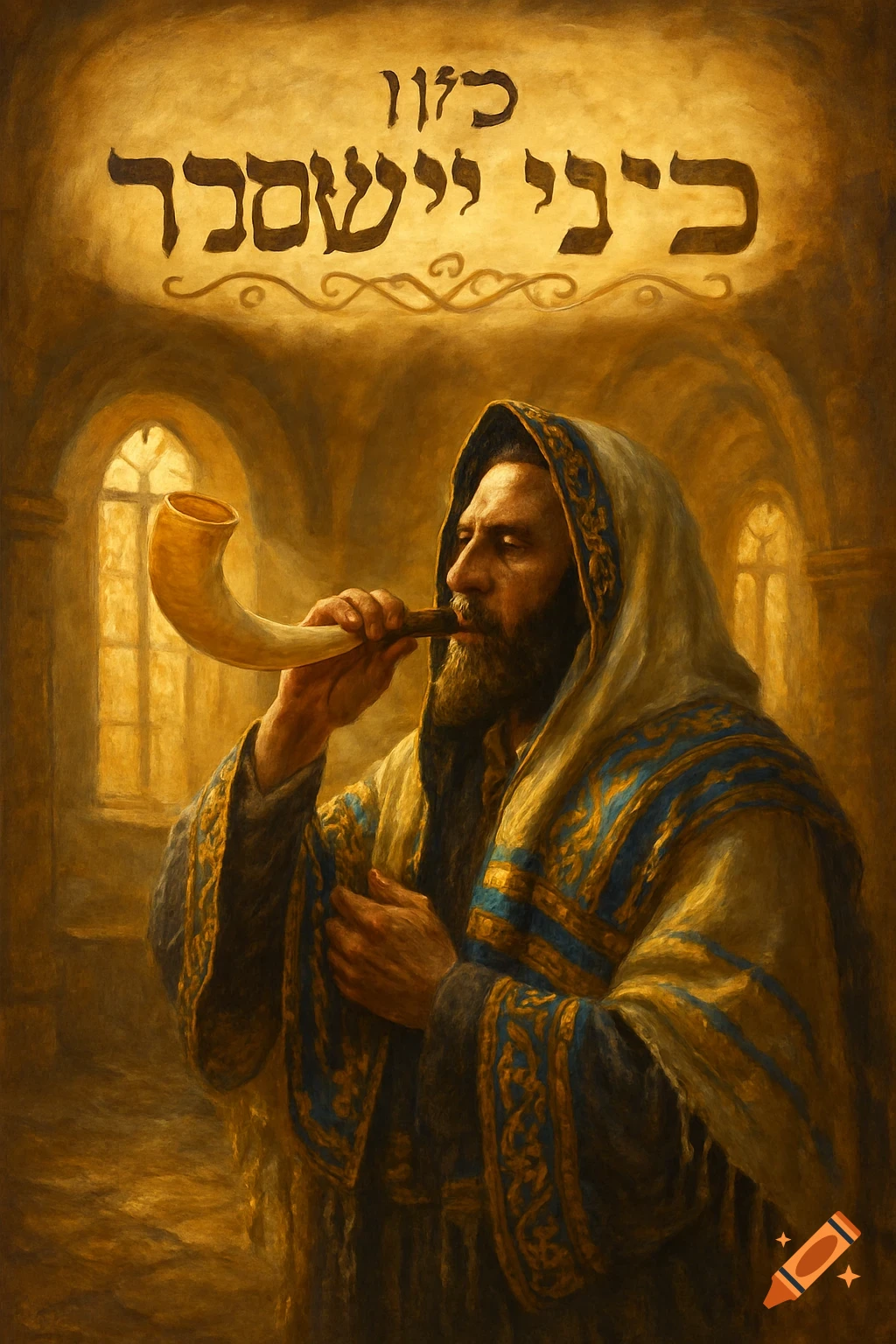 A bearded man in a patterned yellow and blue prayer shawl blows a shofar horn under Hebrew text in a painting.