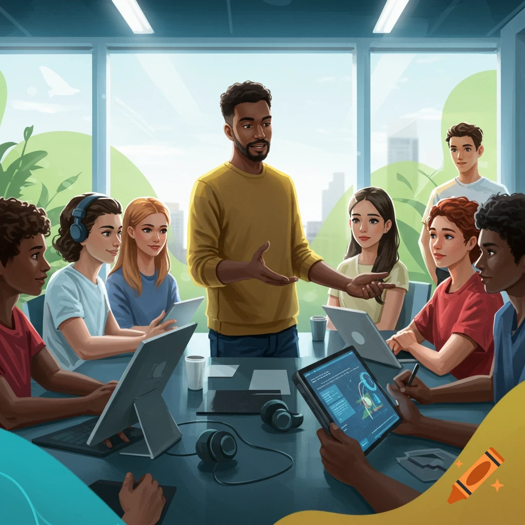 An instructor with a beard gestures while teaching a diverse group of Gen Z students gathered around a table with laptops and tablets in a bright, modern classroom.