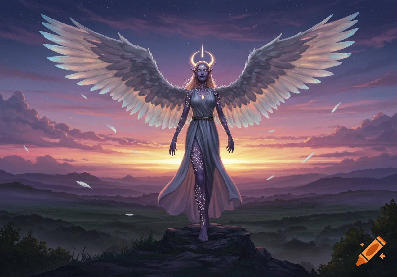 A majestic female angelic figure with large white wings, purple skin, and glowing horns stands on a rock at sunset.