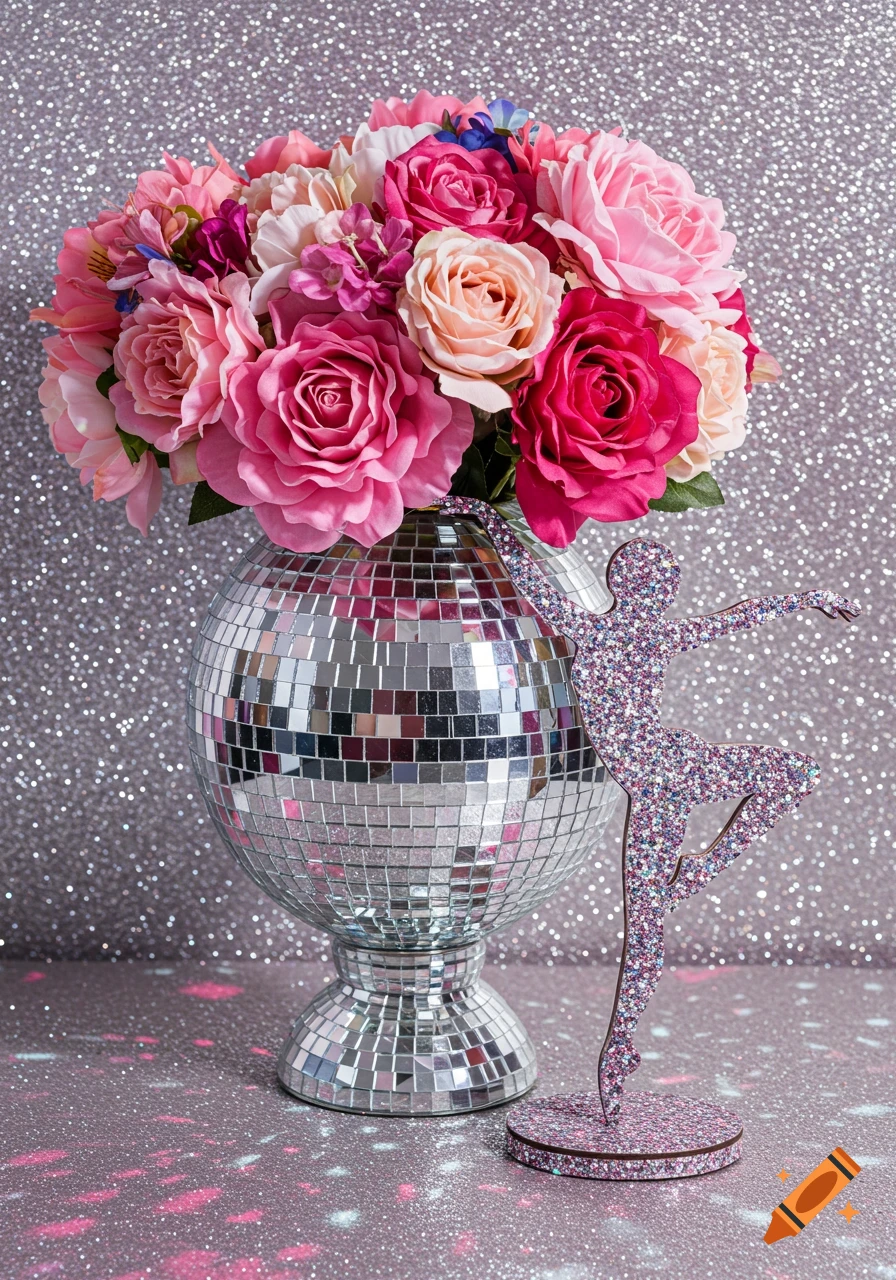 A disco ball vase filled with pink and peach roses stands next to a glittery pink dancer cutout on a sparkling surface.
