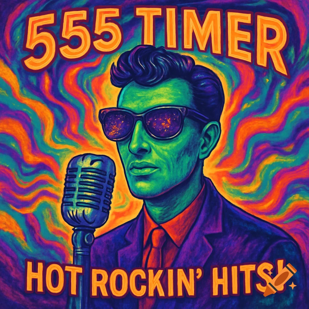 A green-skinned man in sunglasses and a suit stands at a microphone against a psychedelic background. Text reads "555 TIMER" and "HOT ROCKIN' HITS!".