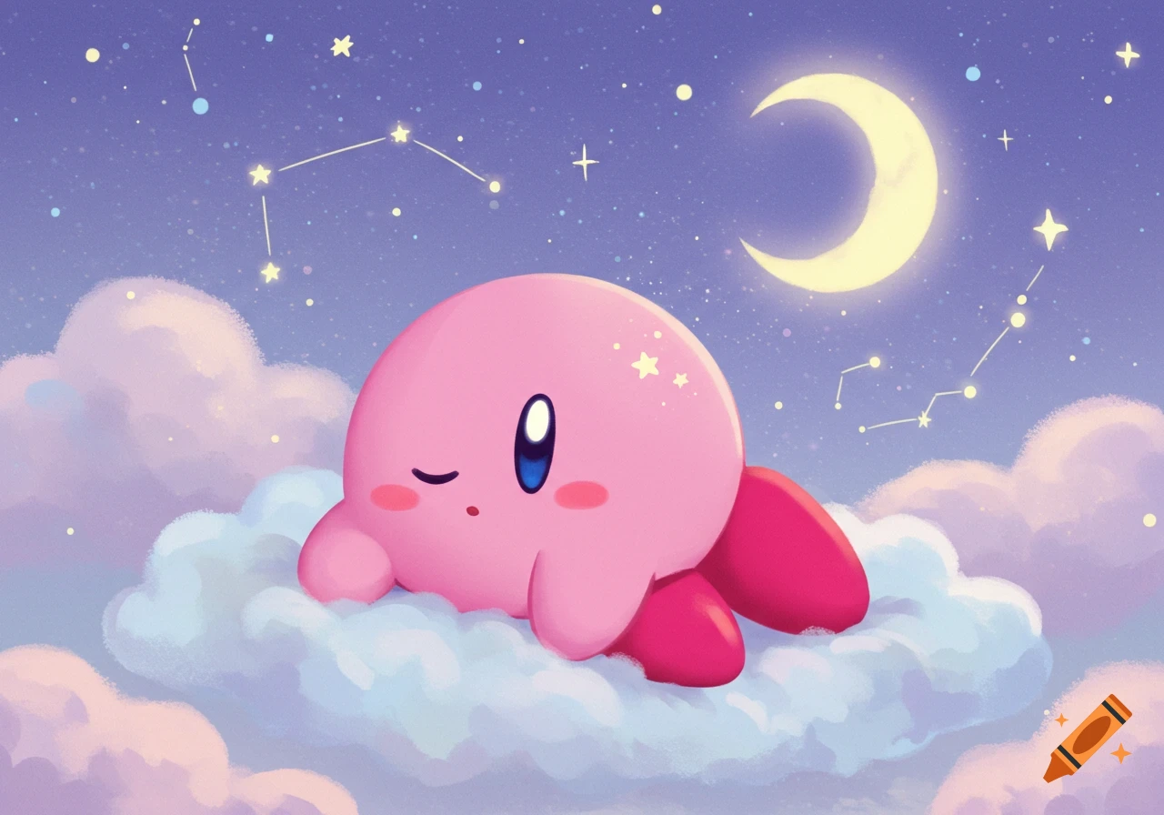 Pink cartoon character Kirby sleeps peacefully on a soft cloud under a starry night sky with a crescent moon.