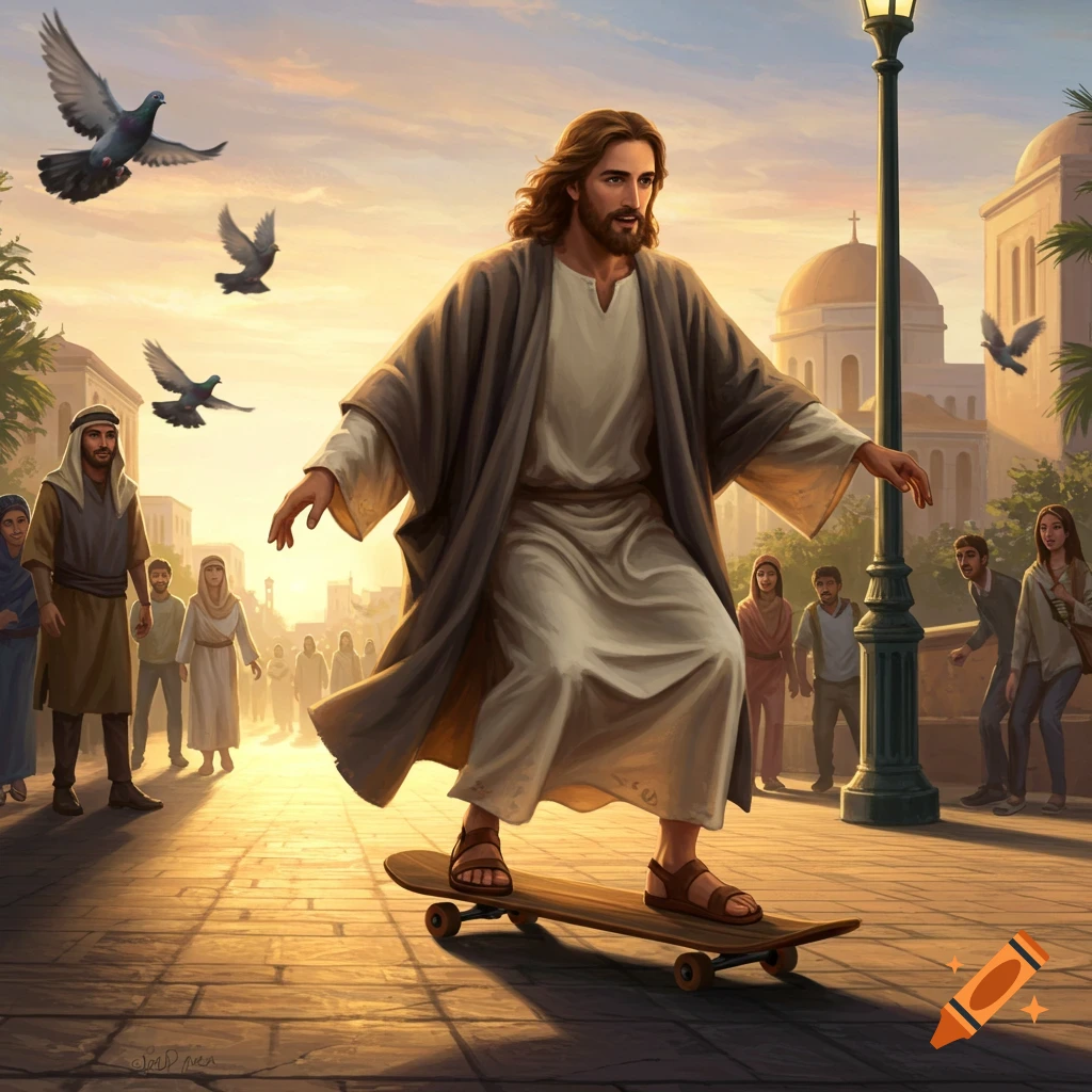 Jesus Christ skateboarding down a sunny street in a city, with people and pigeons in a realistic digital painting.