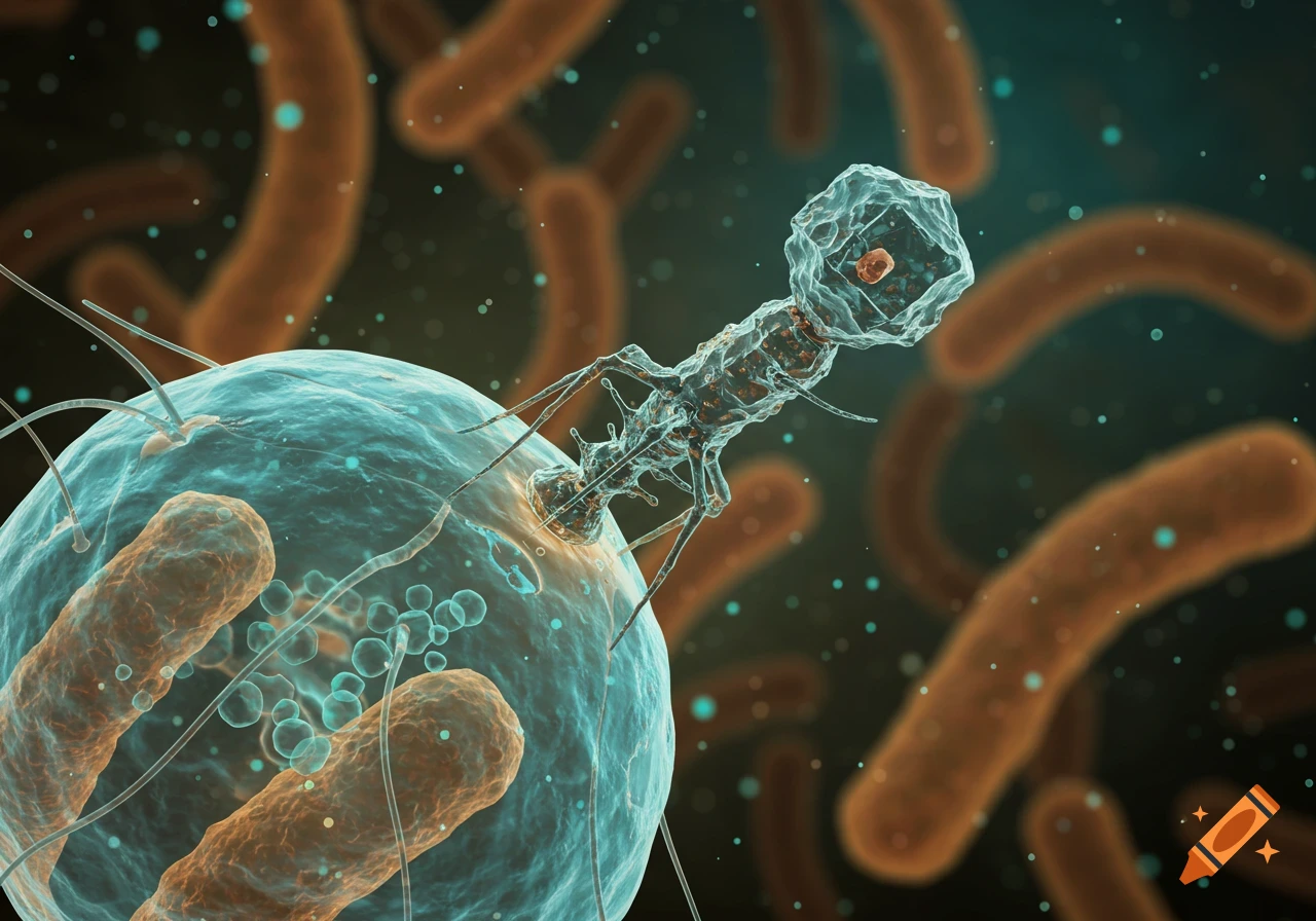 Photorealistic microscopic view of a bacteriophage infecting an E.coli cell surrounded by other rod-shaped bacteria.