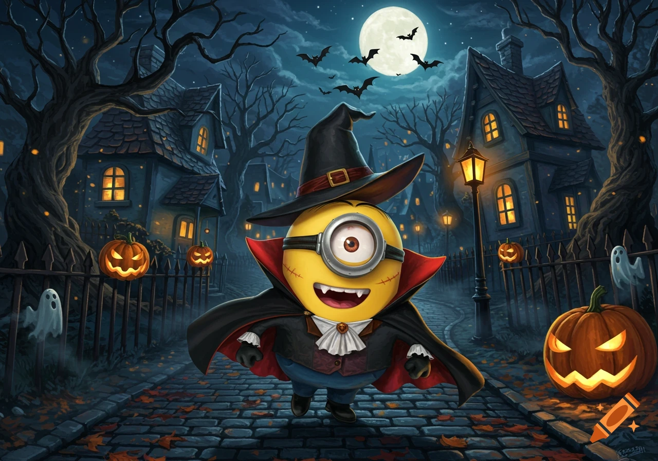 A cartoon Minion in a vampire costume and witch hat runs through a spooky Halloween village at night with pumpkins, ghosts, and bats.
