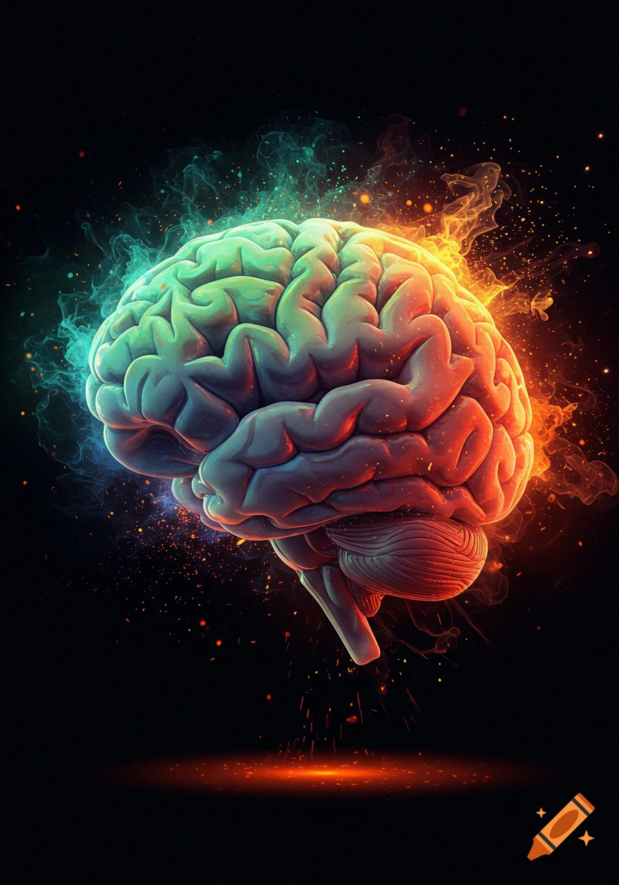 A stylized human brain, half glowing with blue energy and half with orange energy, against a dark background with sparkling particles.