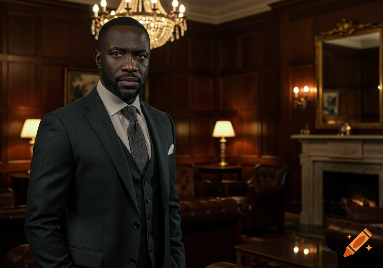 A serious Black man in a dark grey three-piece suit stands in a luxurious, wood-paneled room with a chandelier.