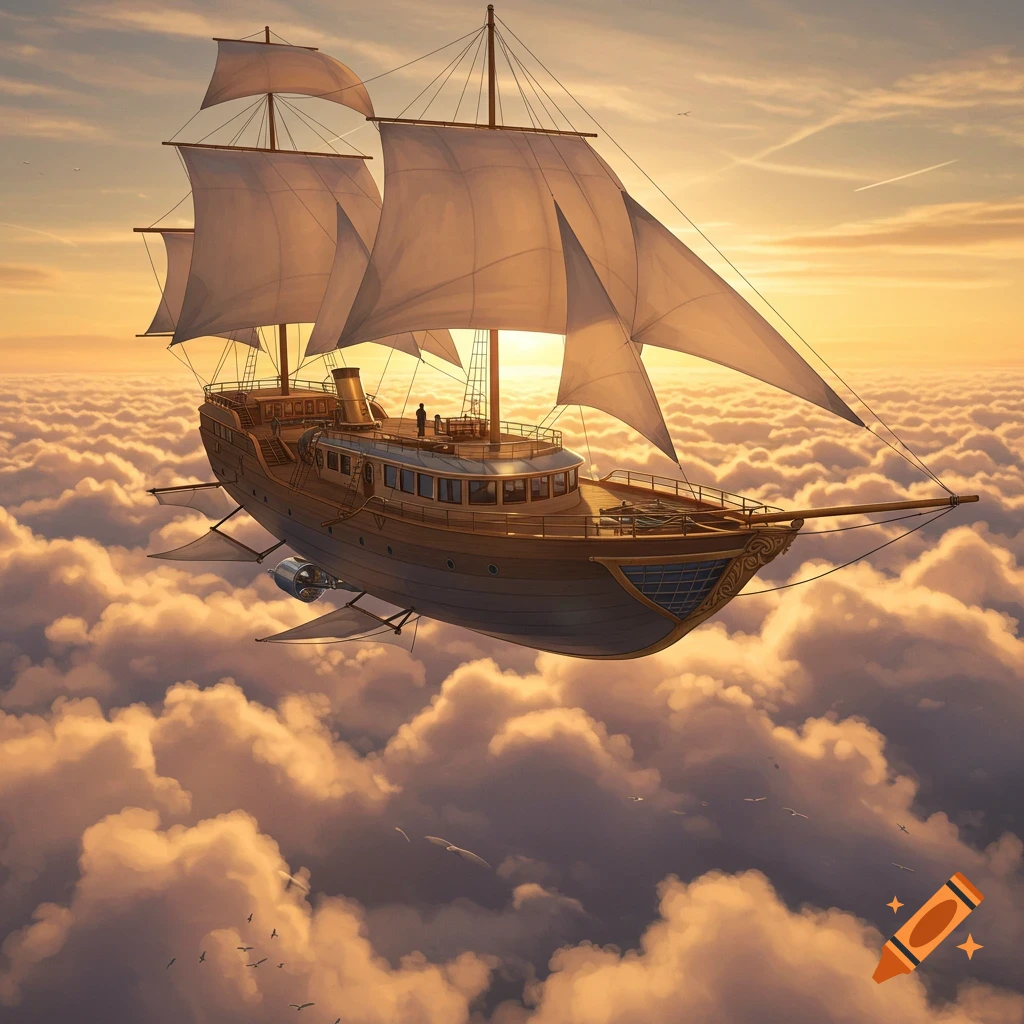 A majestic steampunk airship, resembling a yacht with sails, floats above golden clouds at sunset.