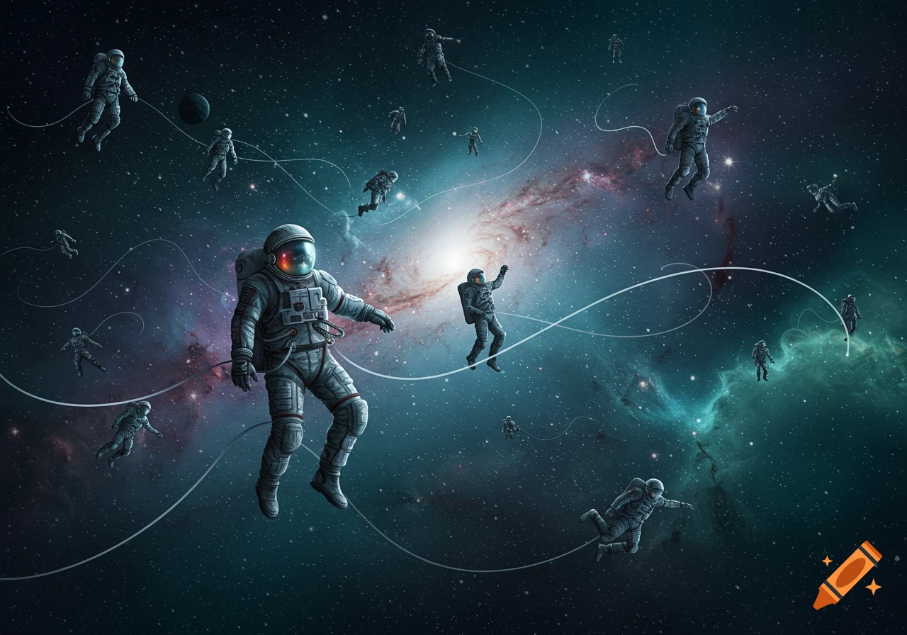 Numerous astronauts float freely in deep space, surrounded by a luminous spiral galaxy and colorful nebulae.