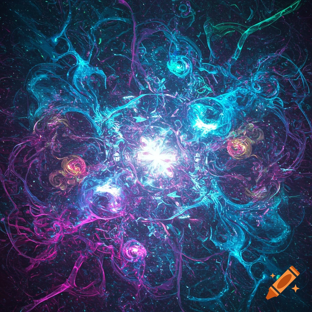 Vibrant blue and pink abstract fractal art with glowing central light and swirling tendrils.