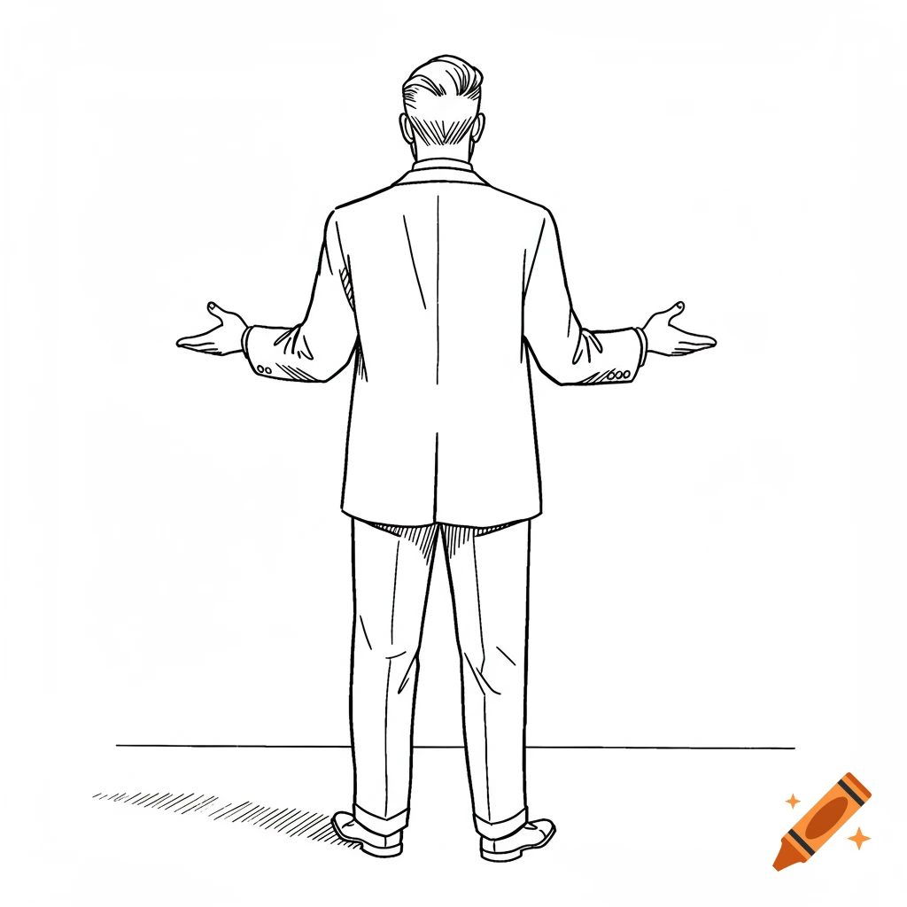 Line drawing of a 1950s man from behind, standing with his hands out in a shrugging gesture.