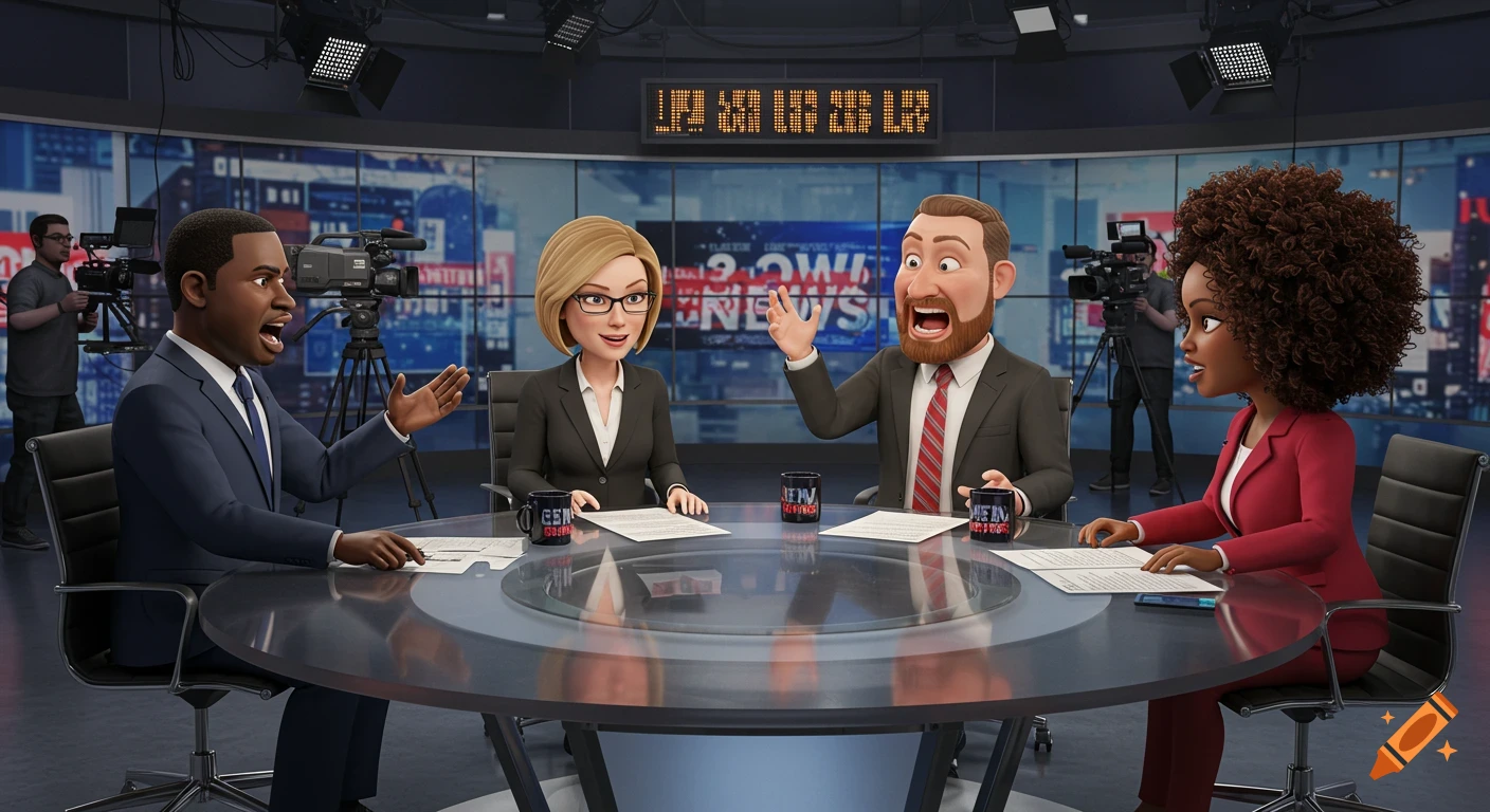 Four diverse cartoon political pundits comically argue around a glass table in a news studio with cameras and crew in the background.