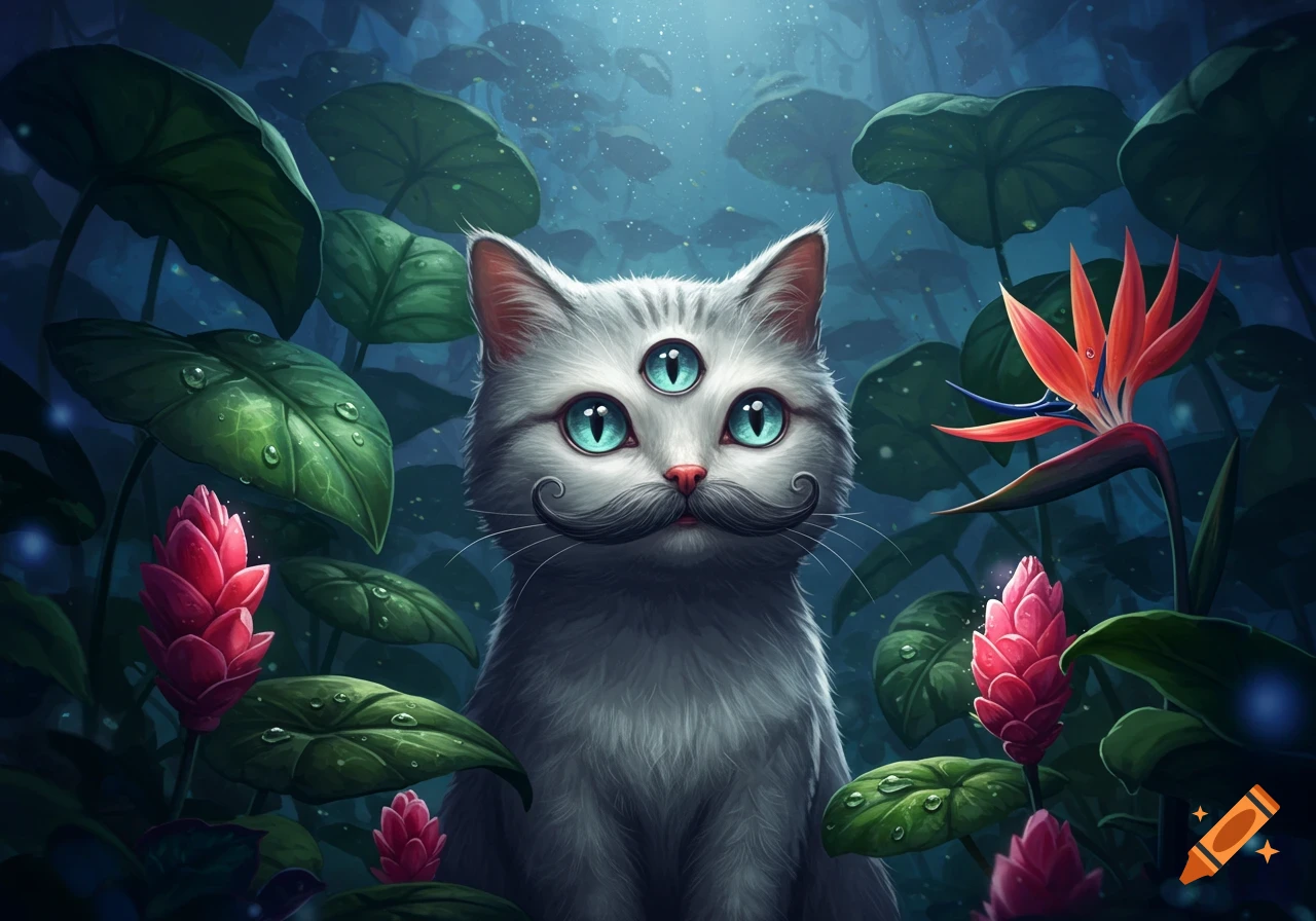 A whimsical grey cat with three bright blue eyes and a curled mustache gazes from a lush fantasy jungle with vibrant flowers.