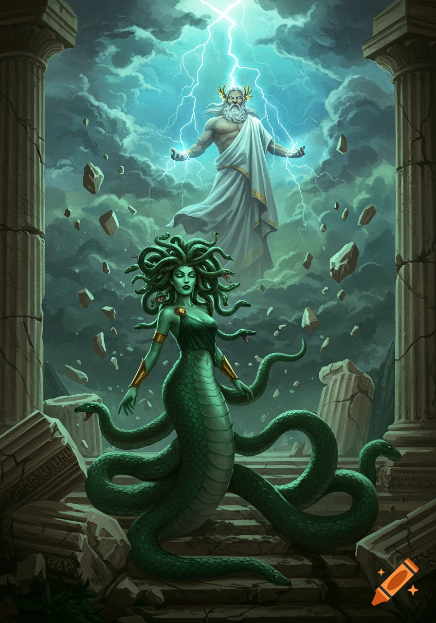 Digital painting of Zeus with lightning above Medusa on a serpent body, surrounded by floating rocks and broken pillars in a stormy sky.