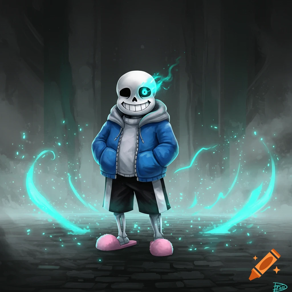 A grinning skeletal character, Sans from Undertale, wearing a blue jacket and pink slippers, stands amidst glowing blue magic.